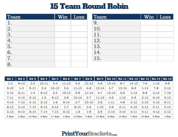 Printable 15 team round robin tournament bracket
